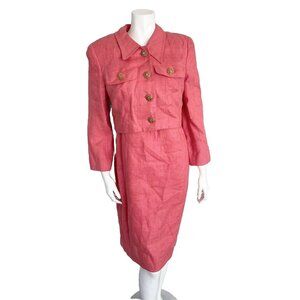 Vintage Scaasi 1980s Pink Coral Linen Sheath Dress And Jacket Set Size 8